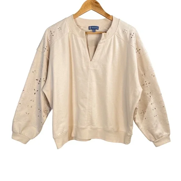 Democracy Eyelet Embroidered Sweatshirt Womens XL Boho Chic Cottagecore - Picture 1 of 6